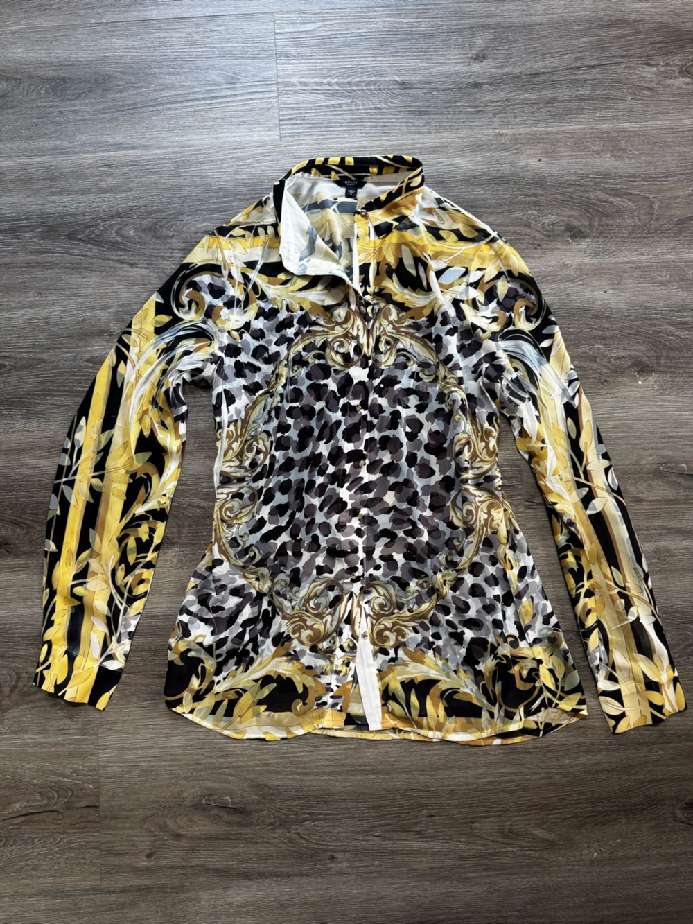 Guess Button Down Top Baroque Gold Scroll Leopard Cheetah Black Logo Shirt S
